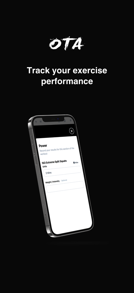 OTA Training - OTAトレーニングアプリのインターフェースで、エクササイズパフォーマンスを追跡し、ワークアウト結果を記録するスマートフォンの画面。
