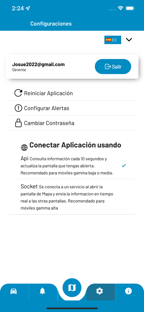 PERUGLOBAL GPS - Settings screen of the PERUGLOBAL GPS mobile app showing account details and configuration options.