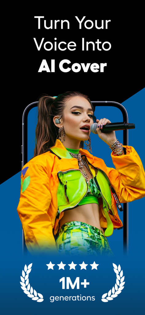 Sona: AI Music & Cover Maker - Una grafica promozionale per l'app Sona AI Music con un cantante e testo che promuove la trasformazione della tua voce in una cover IA con oltre un milione di generazioni.