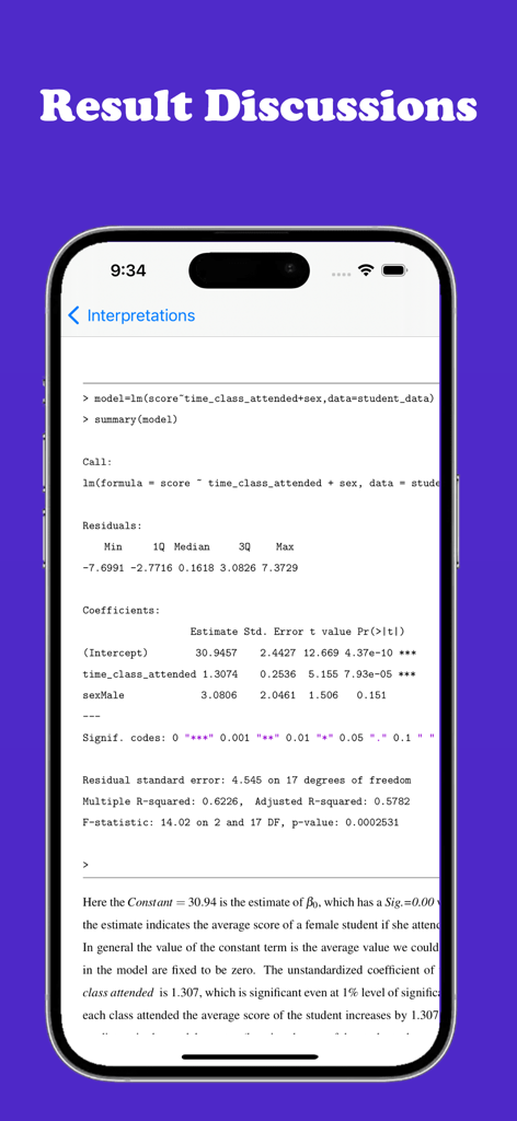 R Programming Guide - A screenshot of the R Programming Guide app showing a linear regression summary and its statistical interpretation.