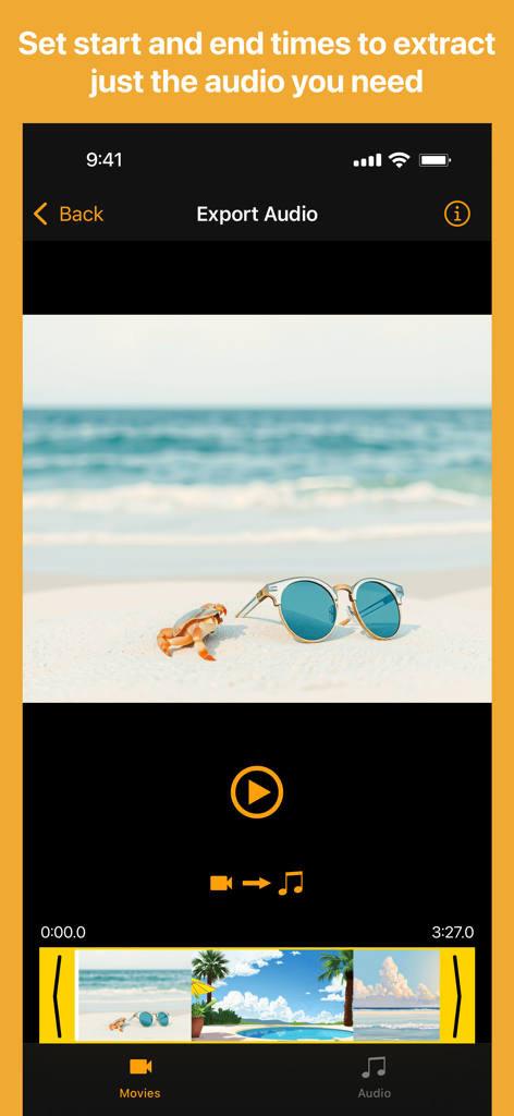 Interface for trimming video clips to extract specific audio segments in the Export Audio app