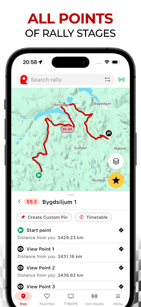 RallyPin - RallyPin app map interface displaying rally stages and spectator view points