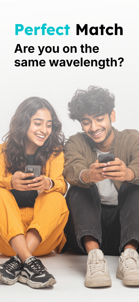 Two young friends smiling and playing the Perfect Match social party game on their mobile devices.