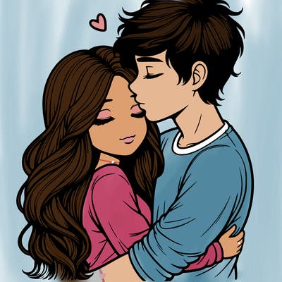 a realistic couple boy and girl hugging and kissing