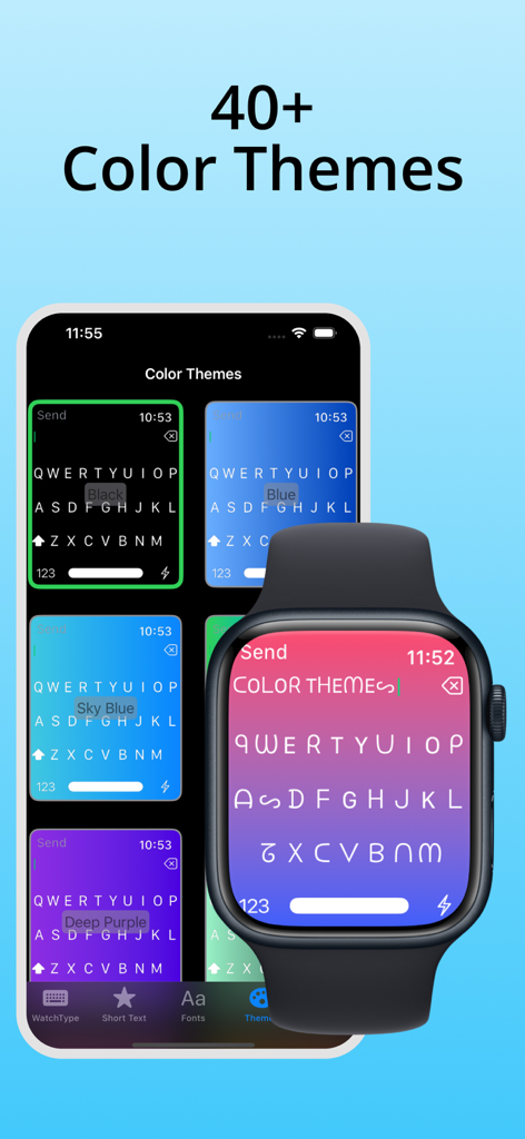 Una muestra de más de 40 temas de colores vibrantes y fuentes personalizadas para la aplicación de teclado de Apple Watch.