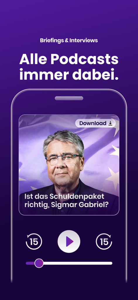 L'application mobile The Pioneer affichant un lecteur de podcast avec une interview de Sigmar Gabriel.