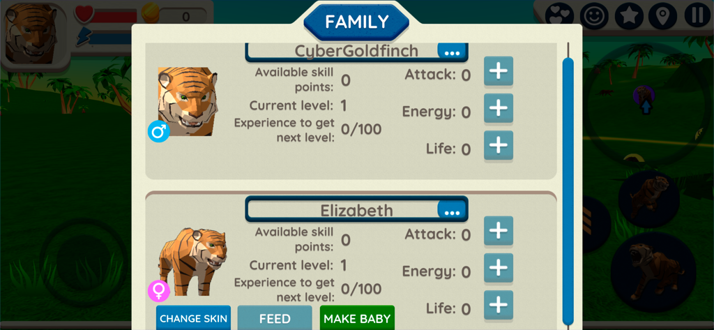 Tiger Simulator 3D family management screen showing level and skill stats for two tigers