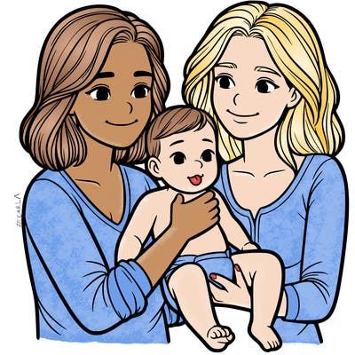 two realistic women holding one baby together