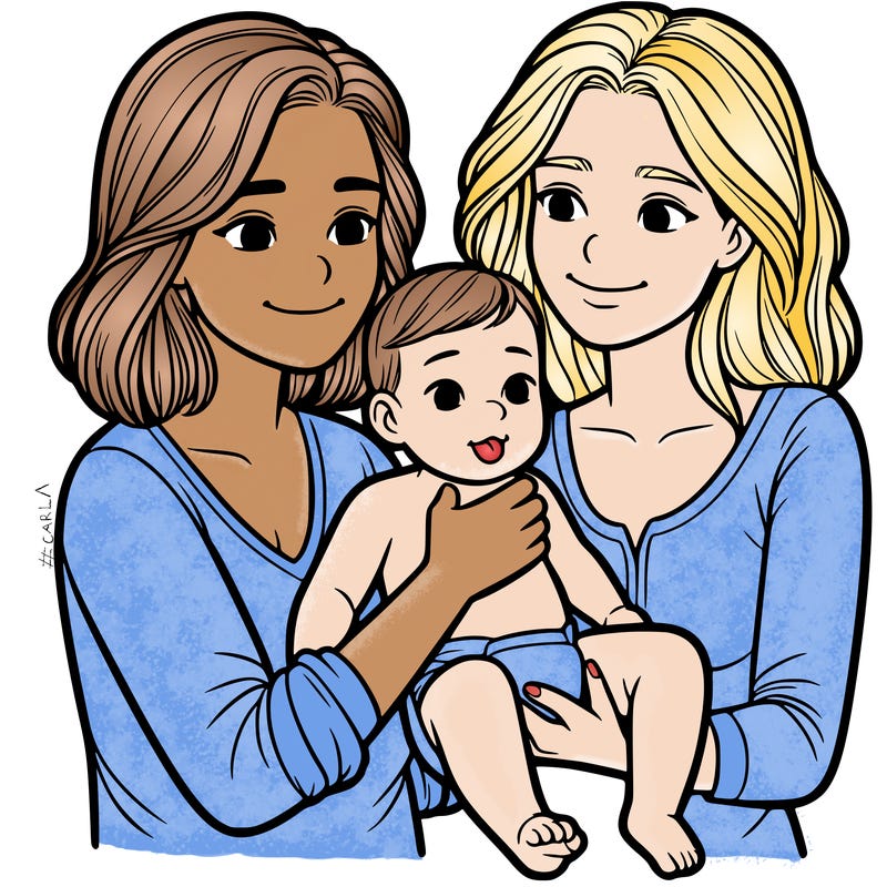 two realistic women holding one baby together