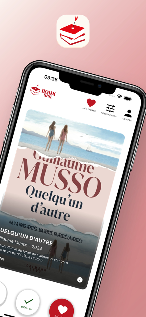 Booklink - Booklink mobile app interface showing a book discovery swipe feature on an iPhone screen