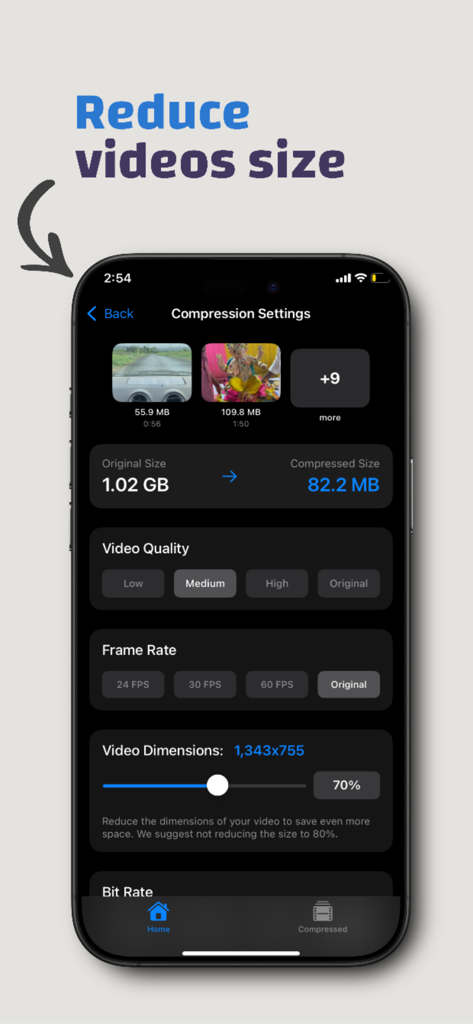 Compress videos - Size Reduce - Mobile app interface showing compression settings to reduce video size from 1GB to 82MB.
