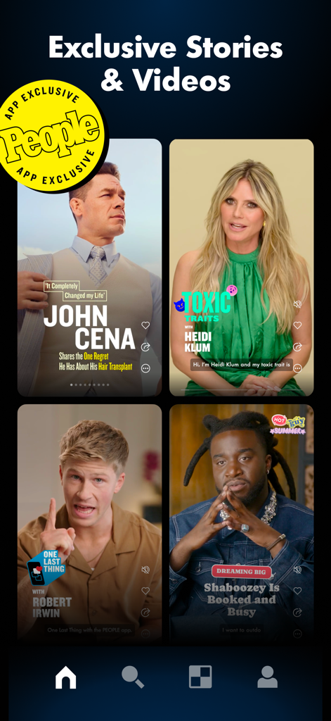 PEOPLE: Pop Culture & Puzzles - A mobile screen from the PEOPLE app displaying exclusive celebrity videos and stories featuring John Cena and Heidi Klum.
