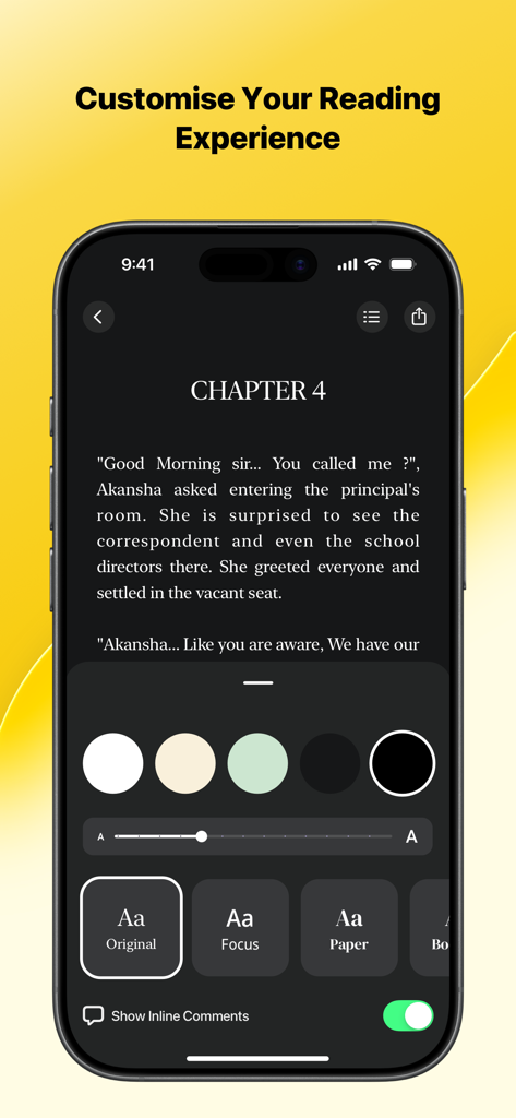 Stck Reader mobile app interface showing reader customization settings including themes and fonts
