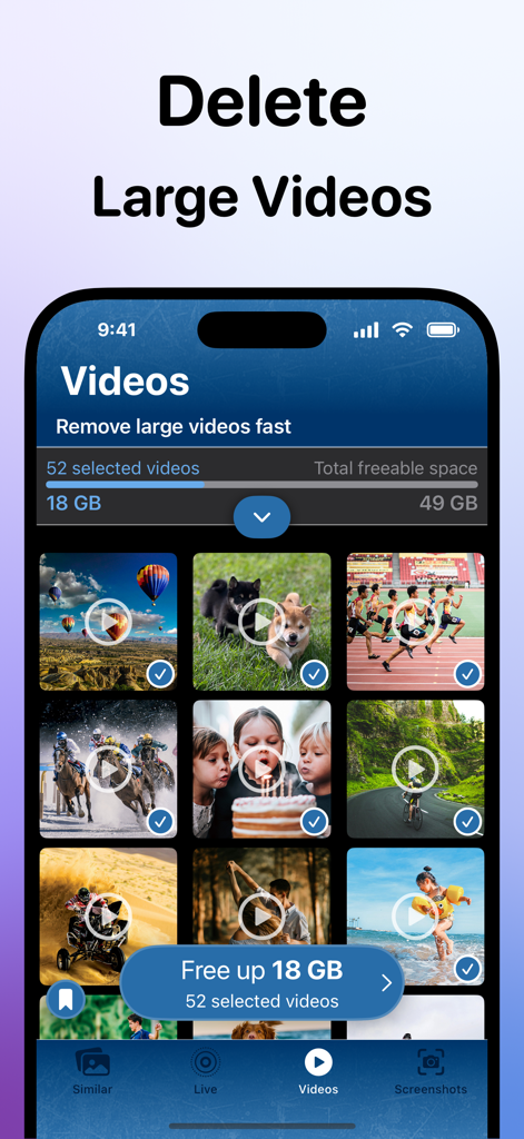 AI Storage Photo Cleaner - Interface de l'application AI Storage Photo Cleaner montrant comment supprimer de grosses vidéos pour libérer 18 Go d'espace de stockage