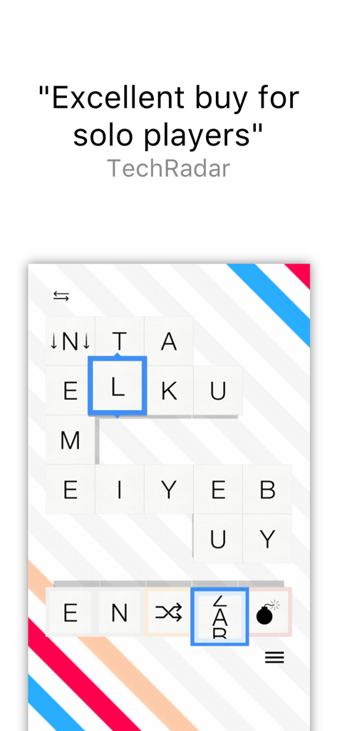 Word Forward - Gameplay screenshot of Word Forward showing a letter grid and a testimonial from TechRadar describing it as an excellent buy for solo players.