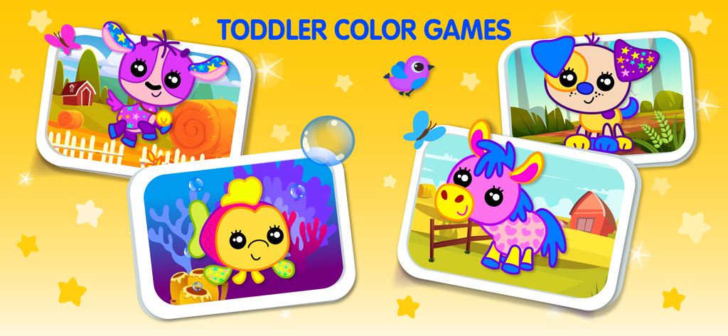 Drawing Games Apps for Kids - Promotional screen for Drawing Games Apps for Kids featuring colorful cartoon animals like a fish, dog, and pony in framed illustrations