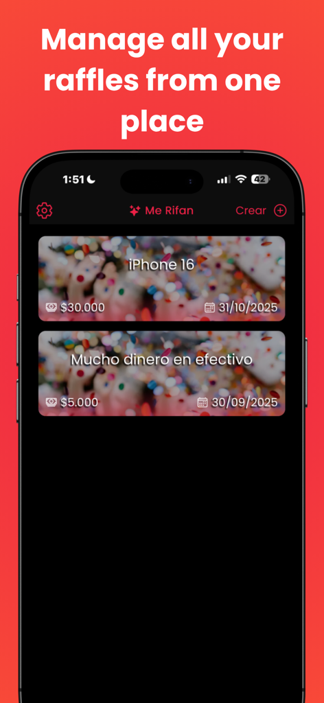 Me Rifan - Interfaz de la aplicación móvil Me Rifan que muestra un panel para gestionar rifas activas con premios como un iPhone 16 y efectivo