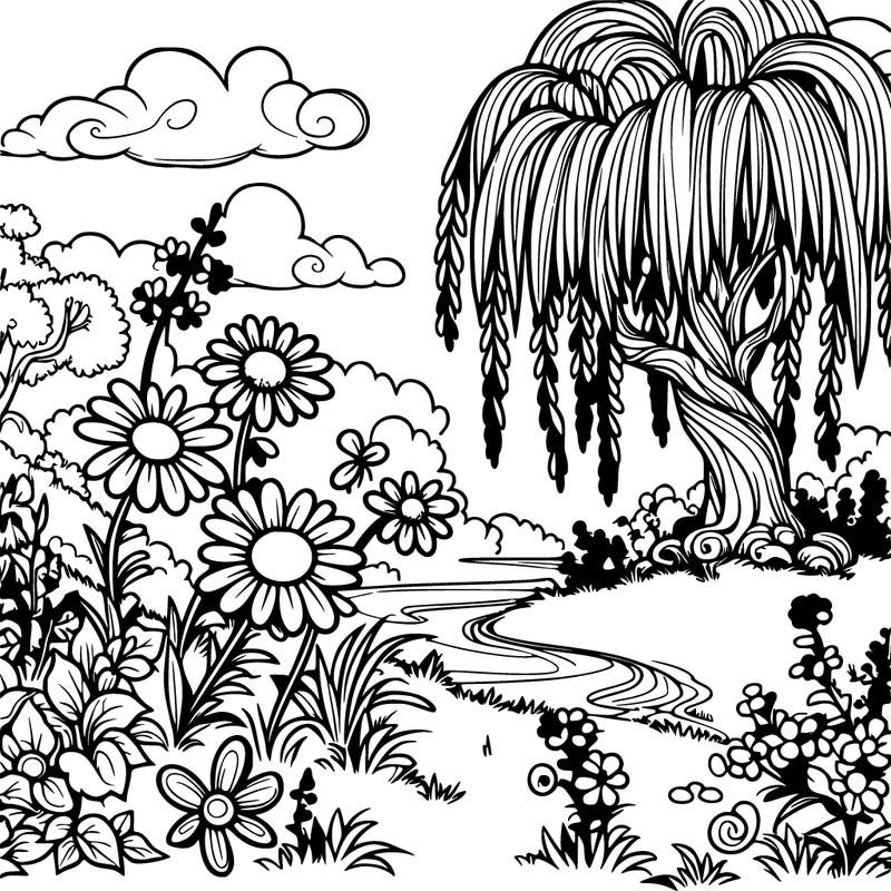 fantasy landscape with flowers and a willow tree