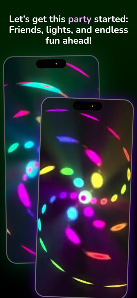 Efeitos vibrantes de luzes de discoteca em espiral coloridas exibidos em duas telas de smartphone