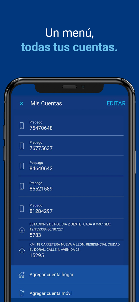 Mi Tigo Nicaragua app interface showing a list of multiple mobile and home internet accounts under one menu