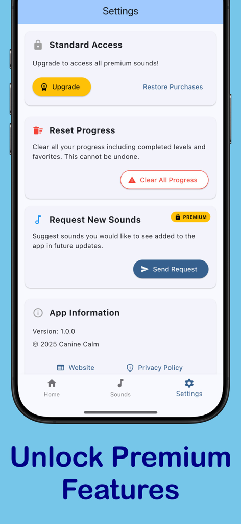 Canine Calm - Settings screen of the Canine Calm app showing options to upgrade to premium and request new sounds.