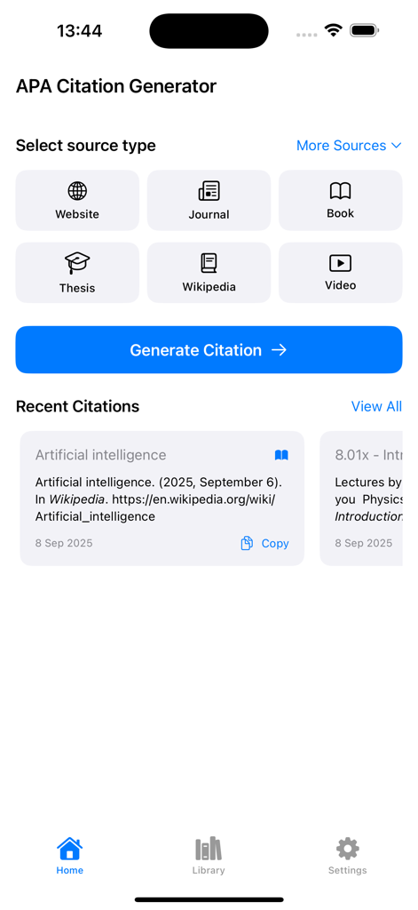 Scrib - APA Citation Generator - Pantalla de inicio de la aplicación Scrib Generador de Citas APA mostrando selección de fuentes para sitio web, revista y libro.
