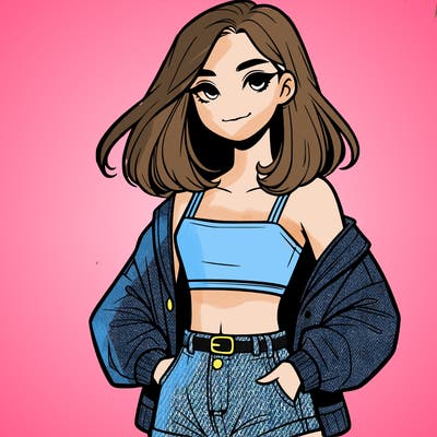 a realistic girl with a crop top and short shorts in an open jacket