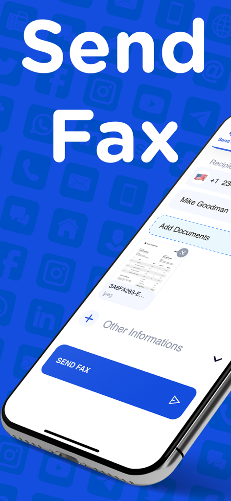 Interface of the Send Fax App on an iPhone showing recipient details and a document ready to be sent.