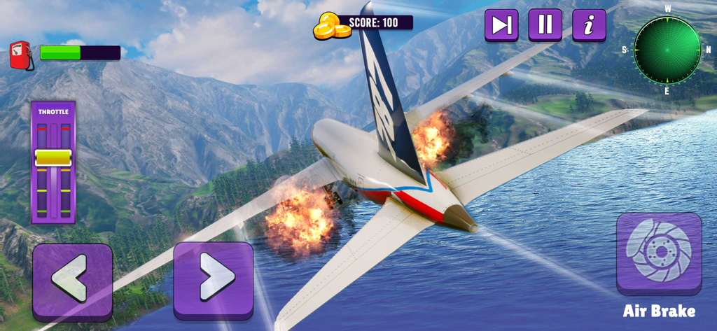 Airline Flight Pilot Simulator - A plane with burning engines flying over water in Airline Flight Pilot Simulator