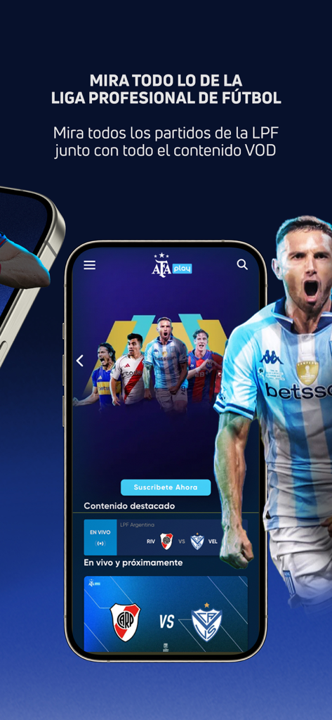 A mobile phone displaying the AFA Play soccer streaming app interface with live matches and featured content.