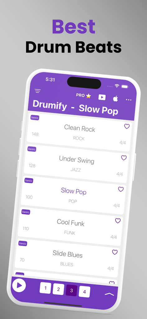 Drumify - Drum Loop Station - Interface do aplicativo Drumify exibindo uma lista de batidas de bateria para vários gêneros como Rock Jazz Pop e Funk.