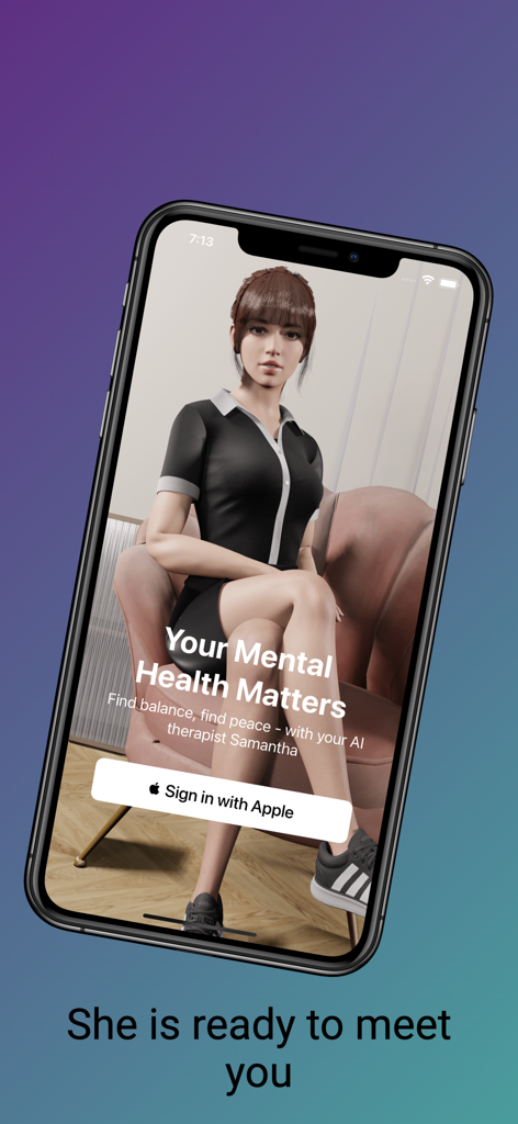 AI Therapist: Samantha - Welcome screen of the AI Therapist Samantha app showing a 3D female character avatar