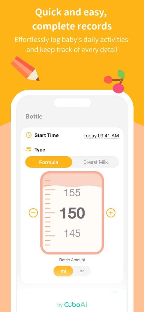 Baby Diary Tracker Log -CuboAi - CuboAi Baby Diary app interface for logging baby formula feeding amounts in milliliters