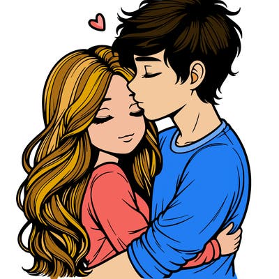 a realistic couple boy and girl hugging and kissing