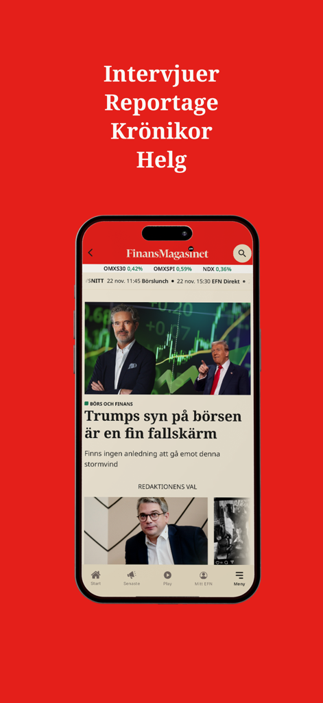 EFN - EFN FinansMagasinet app interface showing financial news articles and stock market analysis on a smartphone