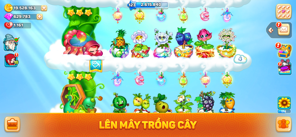 Khu Vườn Trên Mây - Sky Garden - A colorful vertical farm in the Sky Garden mobile game featuring animated plants and decorative pots on floating clouds.
