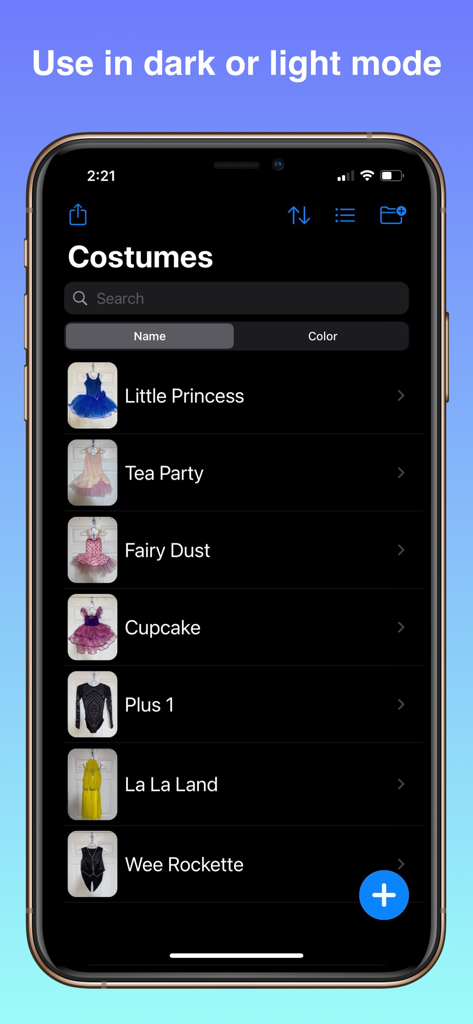 Costume inventory list displayed in dark mode on an iPhone showing various outfit categories with thumbnails