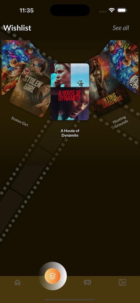 User interface showing a movie wishlist with film posters in a fan layout and a filmstrip background