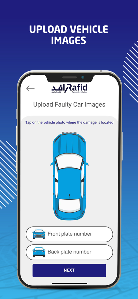 Rafid - Pantalla de la aplicación Rafid que muestra un diagrama del coche para informar daños del vehículo y subir imágenes