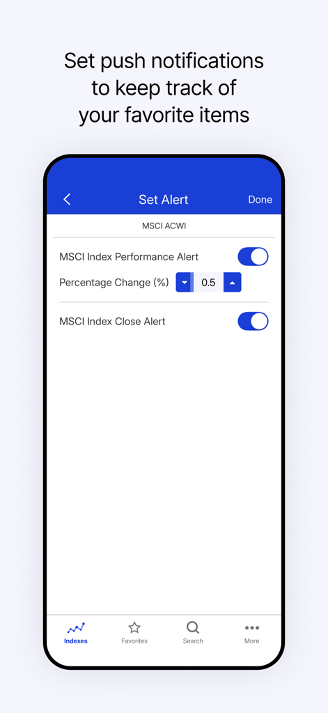 MSCI - MSCI mobile app interface showing options to set custom push notifications and performance alerts for financial indexes