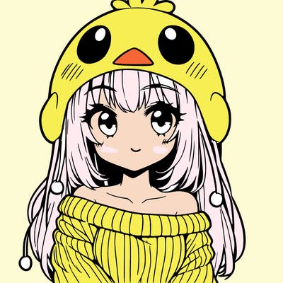 anime girl with chick shaped hat with sweater with bare shoulders with bangs covering them one eye with low tail