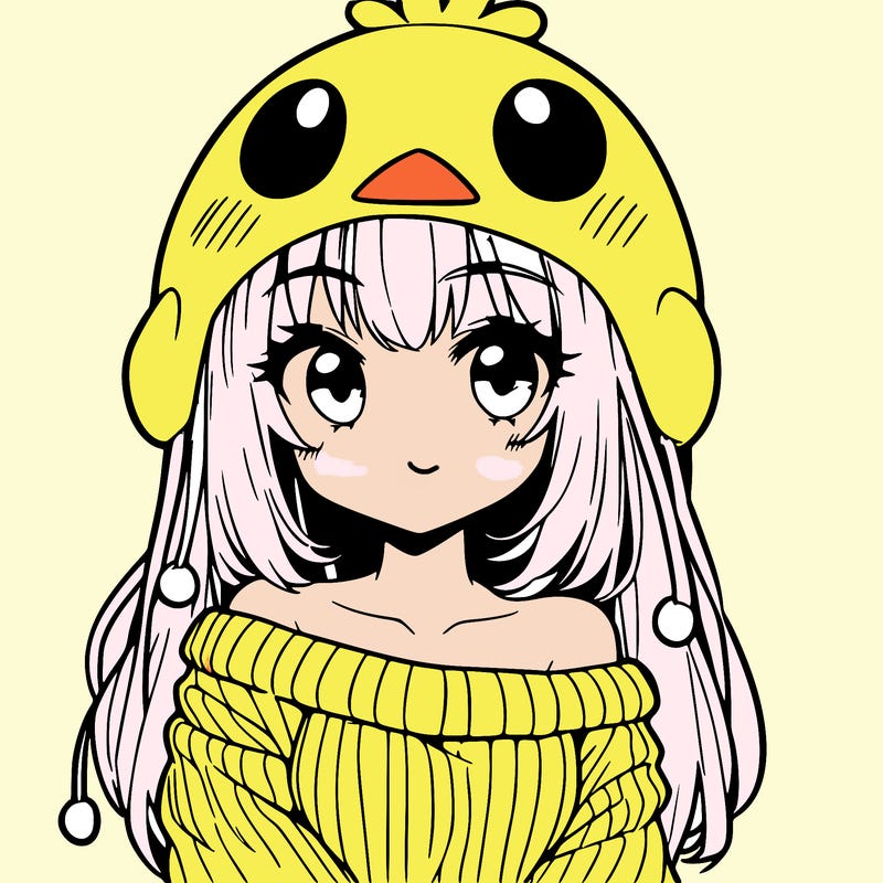anime girl with chick shaped hat with sweater with bare shoulders with bangs covering them one eye with low tail