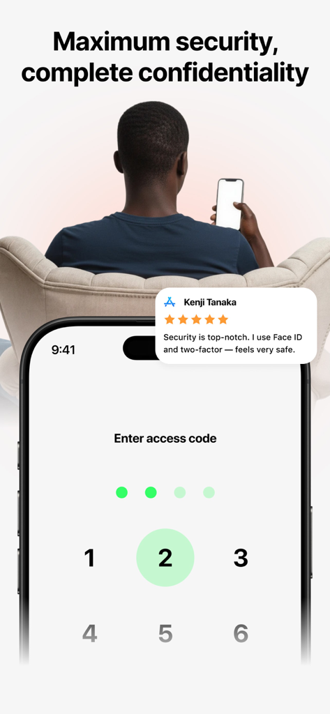 Cropty wallet – Bitcoin & USDT - Cropty Wallet security screen showing access code entry and a user review praising its safety features.