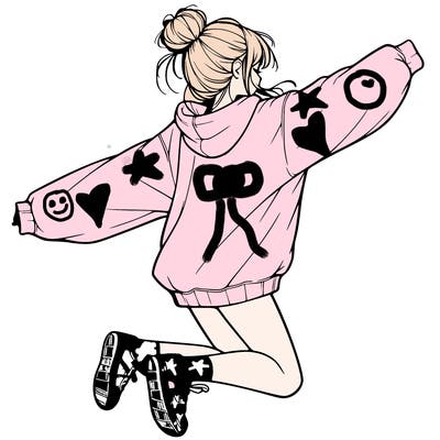 realistic girl jumping with a bun and oversized sweatshirt