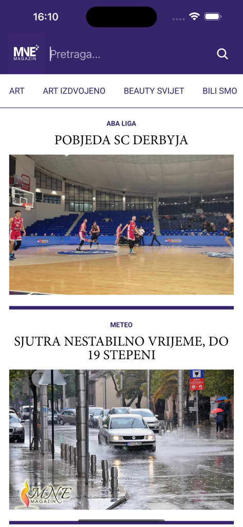MNE magazin news app interface showing sports results and local weather for the Montenegrin community.