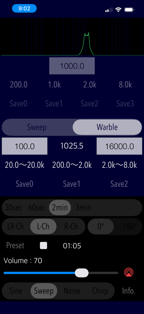 Audio Tone Generator Plus App-Oberfläche mit Einstellungen für Frequenzsweep und Warble-Ton