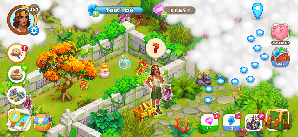 A character discovering hidden treasures and artifacts in a tropical island garden