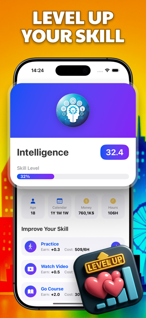Business Game - Life Simulator - A mobile game screen showing options to improve the intelligence skill in the Business Life Simulator app