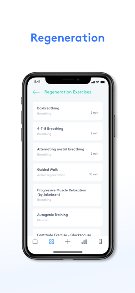 vicoach-App-Oberfläche mit einer Liste von Regenerationsübungen, einschließlich Box-Atmung und geführter Spaziergänge