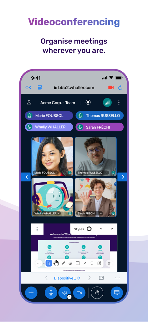 Interface mobile de l'application Whaller proposant une visioconférence sécurisée avec les participants de l'équipe et des outils collaboratifs